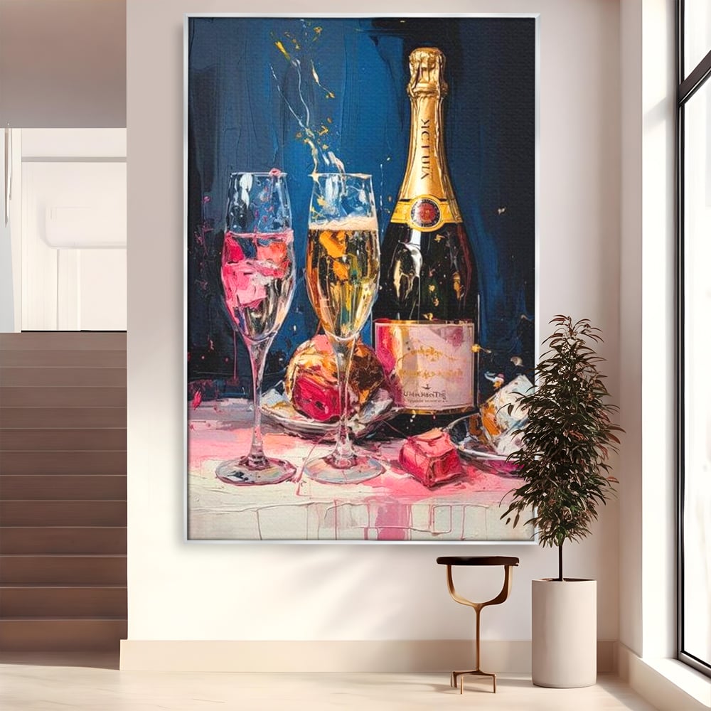 Tablou canvas cu tablou canvas cu sticla de sampanie si pahare, in rama de aluminiu argintiu